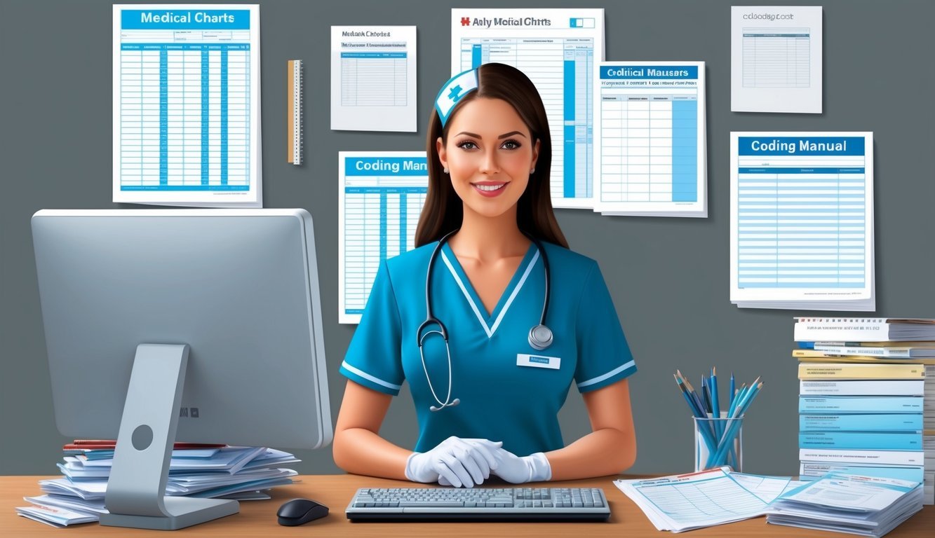 A nurse at a computer, surrounded by medical charts and coding manuals