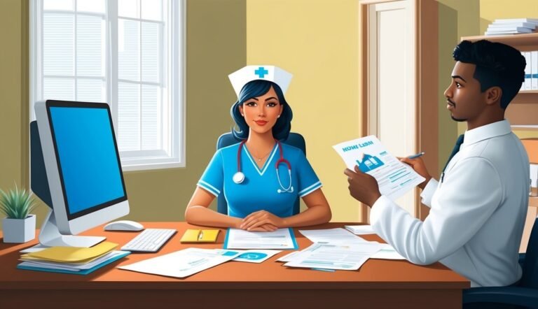 Nurse and doctor reviewing home loan documents at a desk