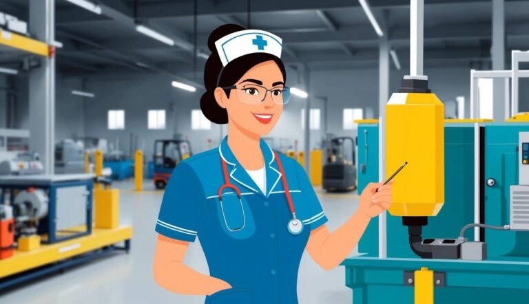 Nurse in blue uniform pointing at machinery in a factory