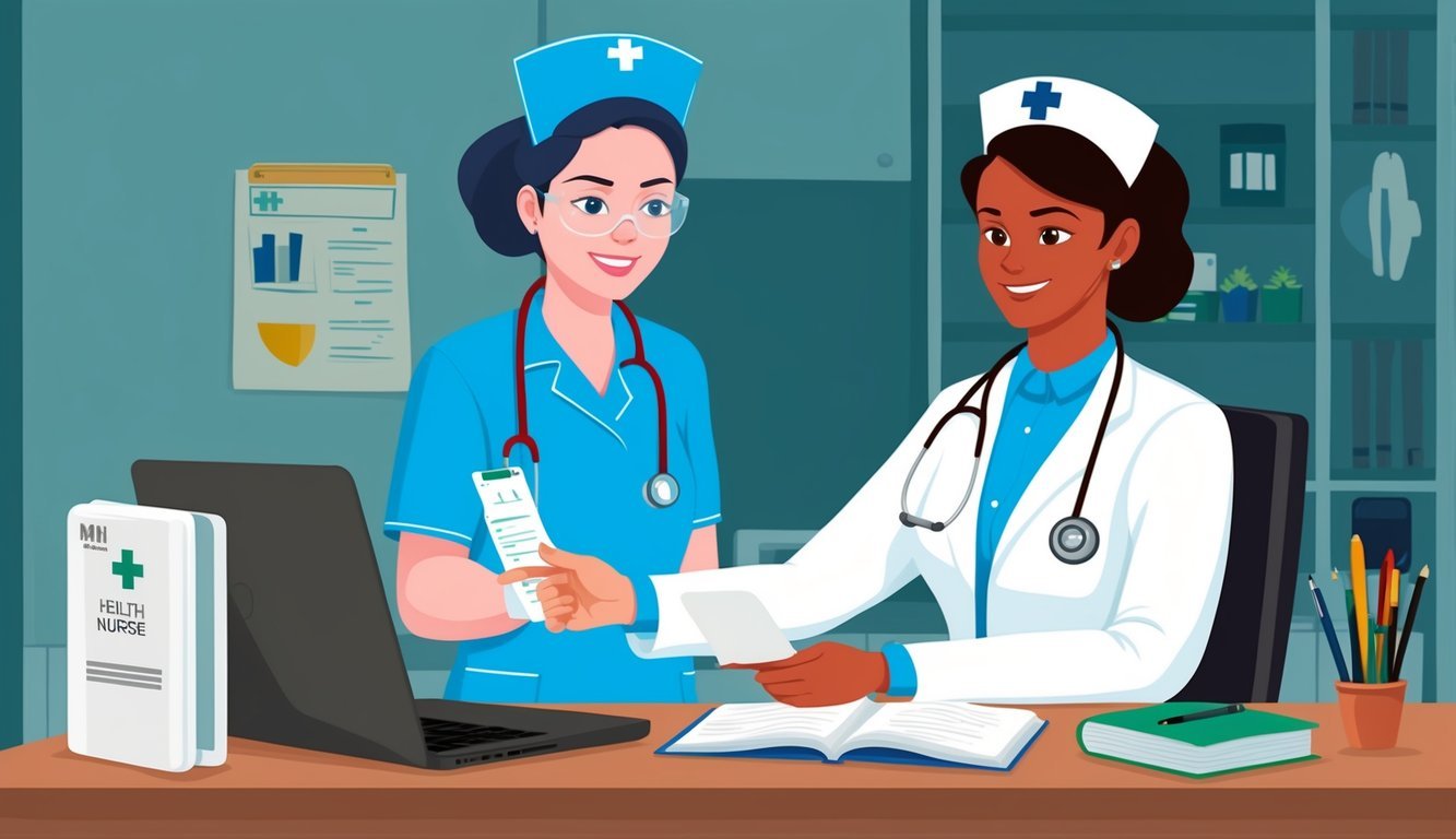 An occupational nurse conducting a health assessment in a workplace setting