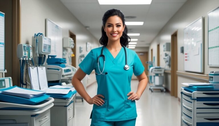 Smiling nurse in teal scrubs stands in a hospital hallway, stethoscope around neck