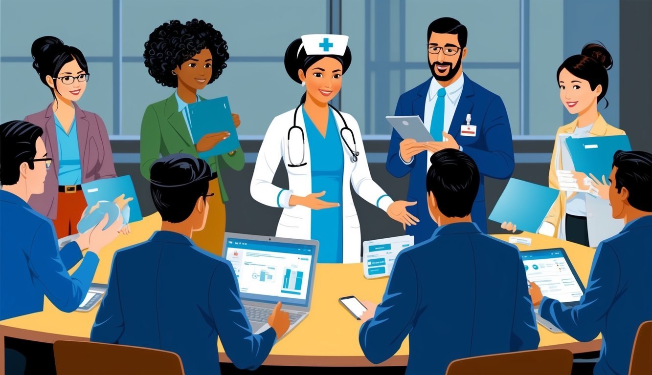 An occupational nurse surrounded by a group of employees, answering questions and providing information in a workplace setting