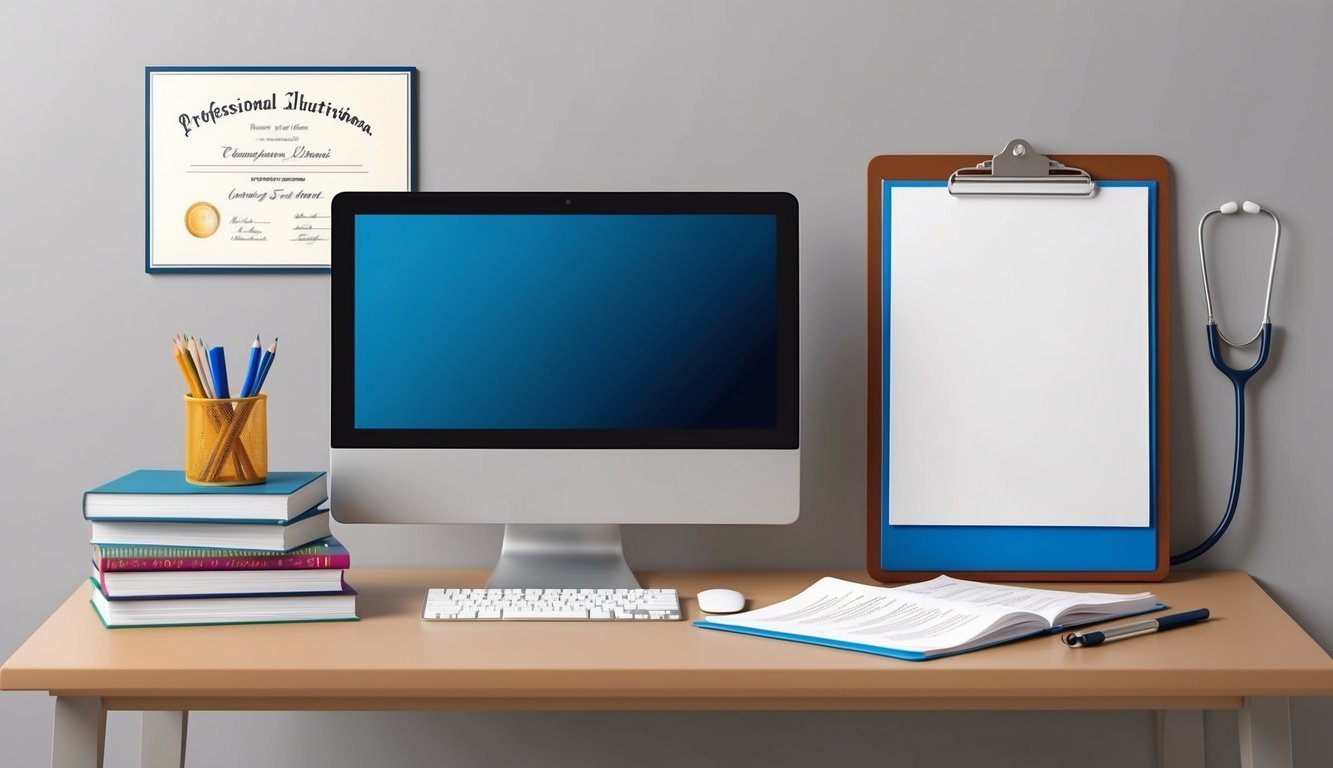 Desk with computer, clipboard, stethoscope, books, and a nutrition certificate