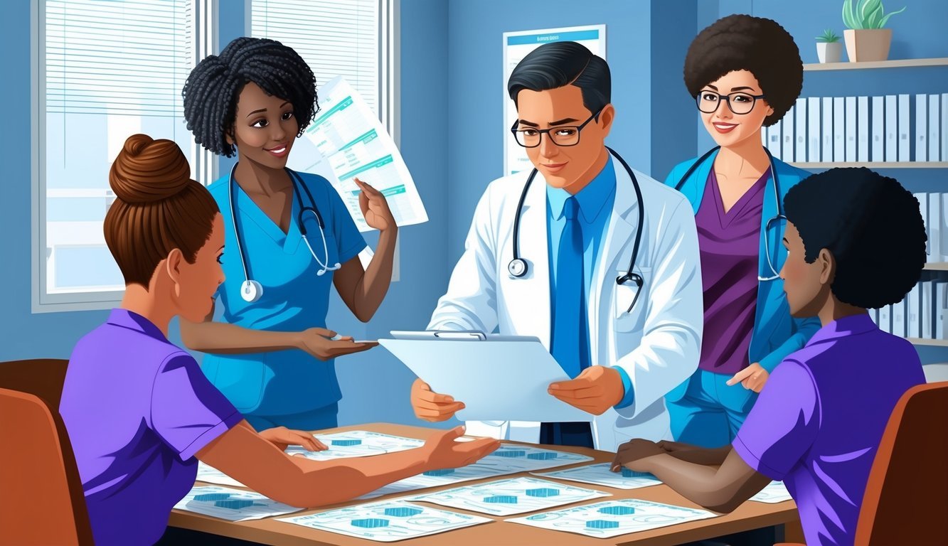 A healthcare administrator reviewing charts and collaborating with staff