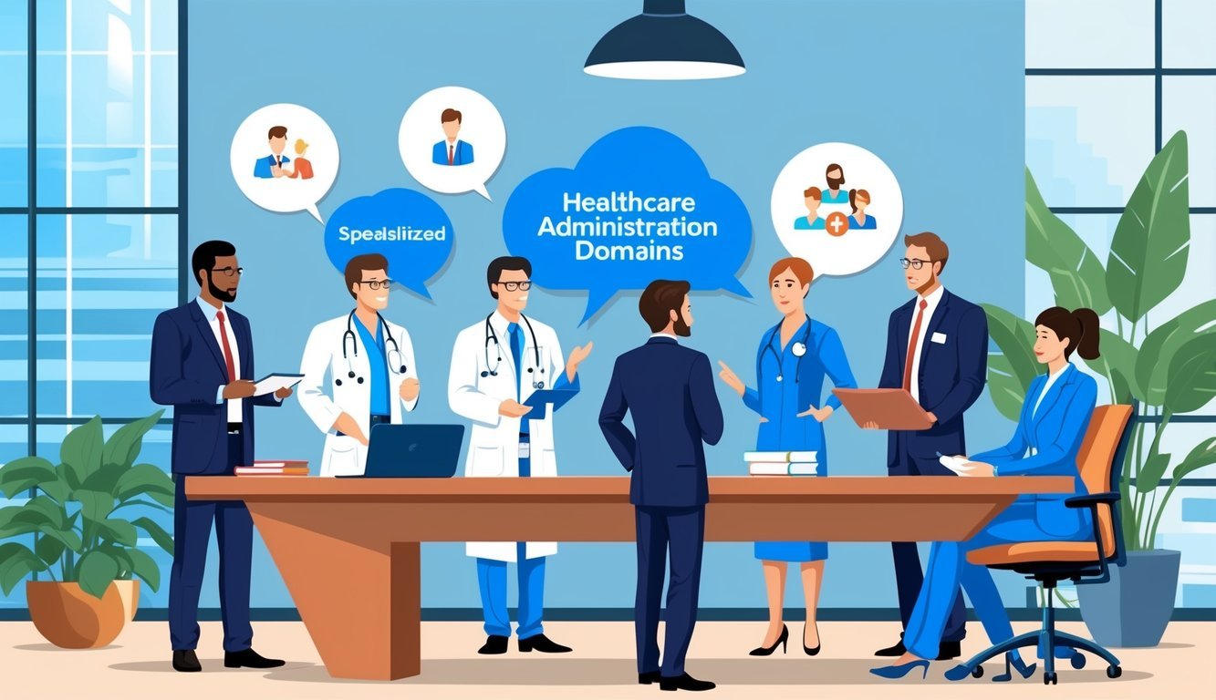 A group of healthcare administration professionals discussing specialized domains in a modern office setting
