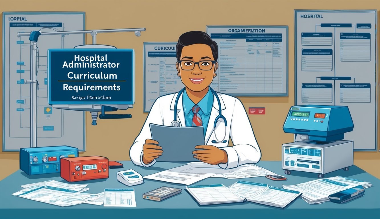 A hospital administrator reviewing curriculum requirements surrounded by medical equipment and organizational charts