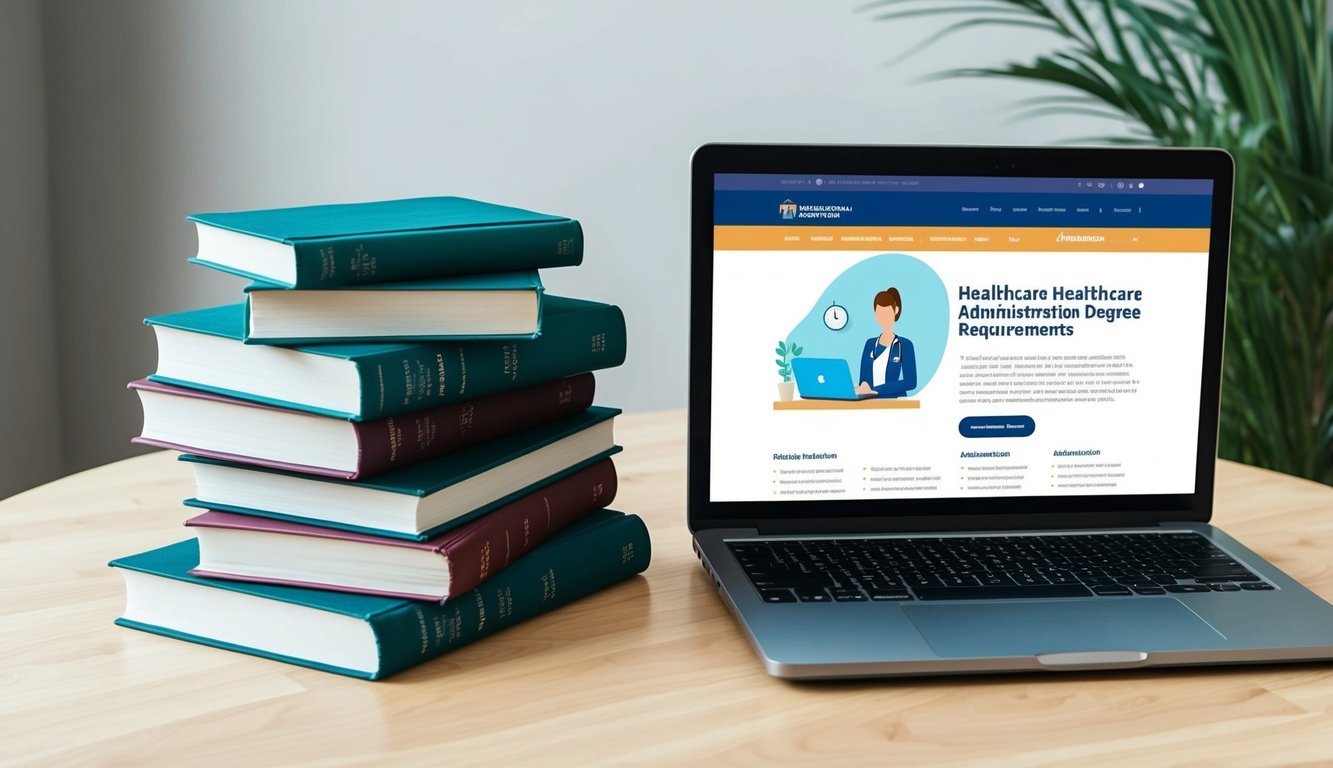 A stack of books and a laptop open to a webpage on healthcare administration degree requirements