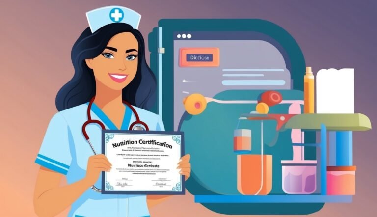 Nurse holding a nutrition certification with medical equipment in the background