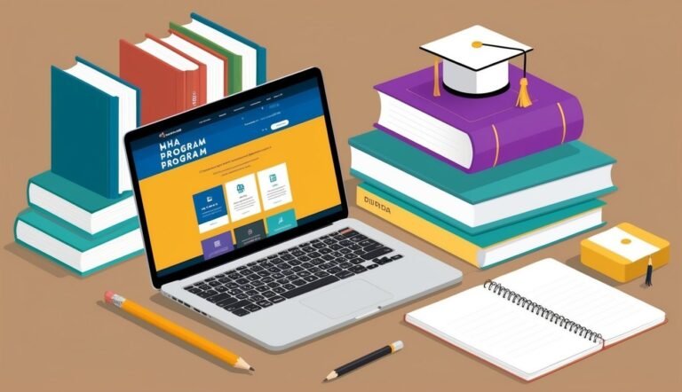 Laptop with MHA program, books, graduation cap, pencils, and notebook