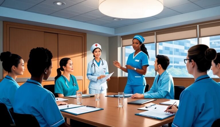 Medical team in scrubs and hats having a meeting around a table