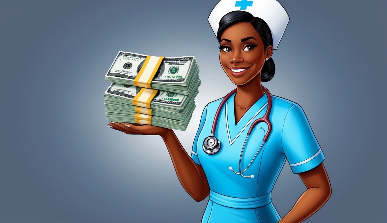 Nurse holding stacks of money, wearing scrubs and stethoscope, smiling at the viewer
