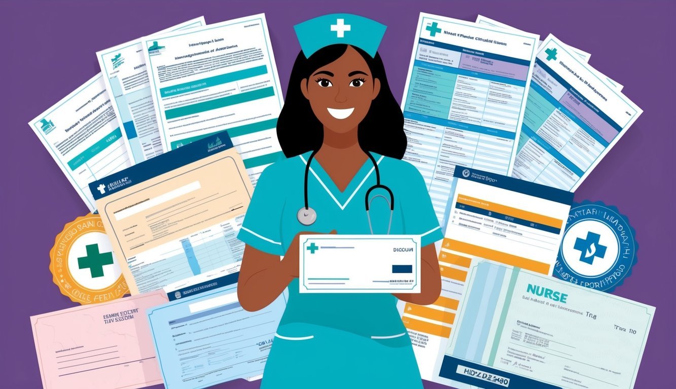 A nurse surrounded by various educational and certification documents, with a large paycheck in hand