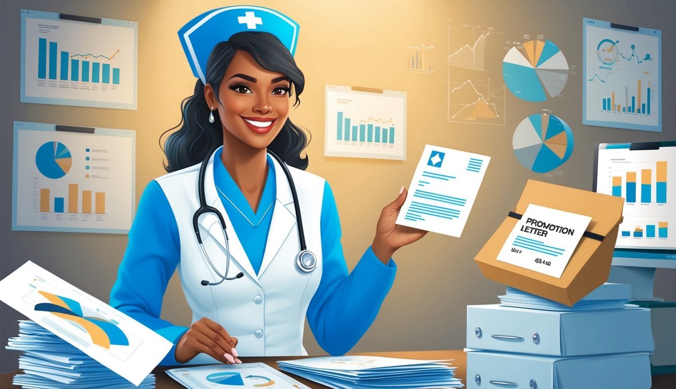 A nurse in professional attire surrounded by charts and graphs, smiling while receiving a promotion letter and a substantial salary increase