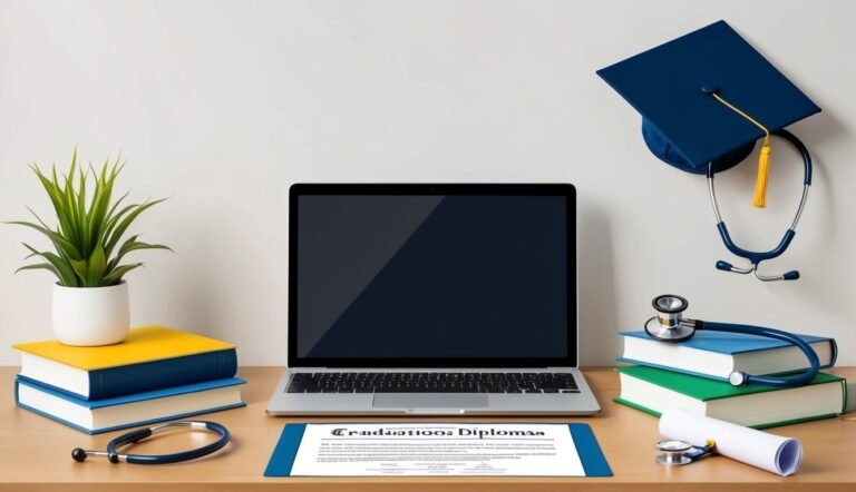 Laptop, stethoscope, diploma, graduation cap, and books on a desk