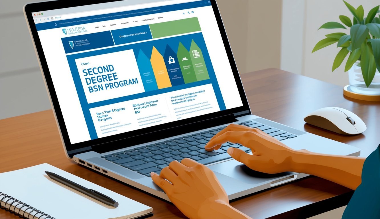 A laptop open on a desk, displaying a webpage for a second degree BSN program.</p><p>A person's hand reaches for the mouse