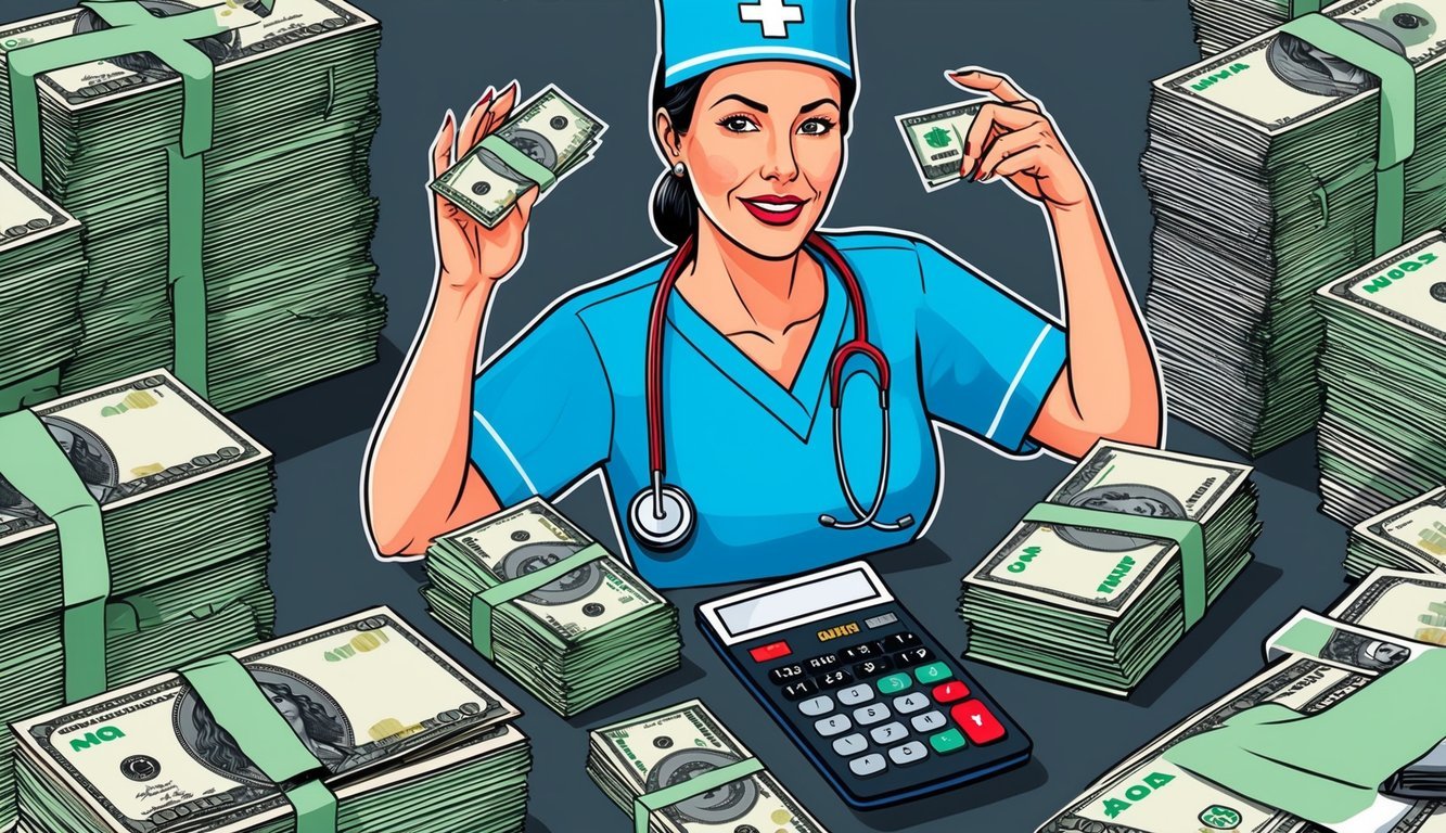 A nurse surrounded by stacks of cash, a calculator, and a list of salary figures