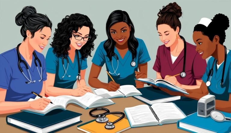 Five female nurses studying together, writing in notebooks, and smiling