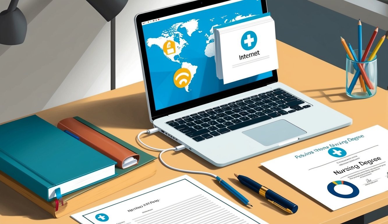 A laptop with internet connection, a desk with study materials, and a diploma from a previous nursing degree