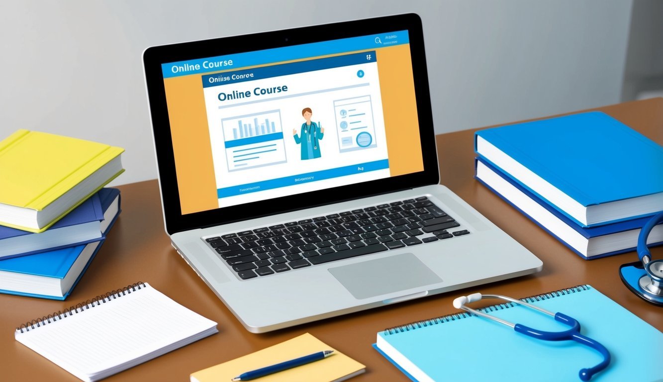 A laptop on a desk with medical textbooks, a stethoscope, and a notepad.</p><p>An online course is displayed on the screen