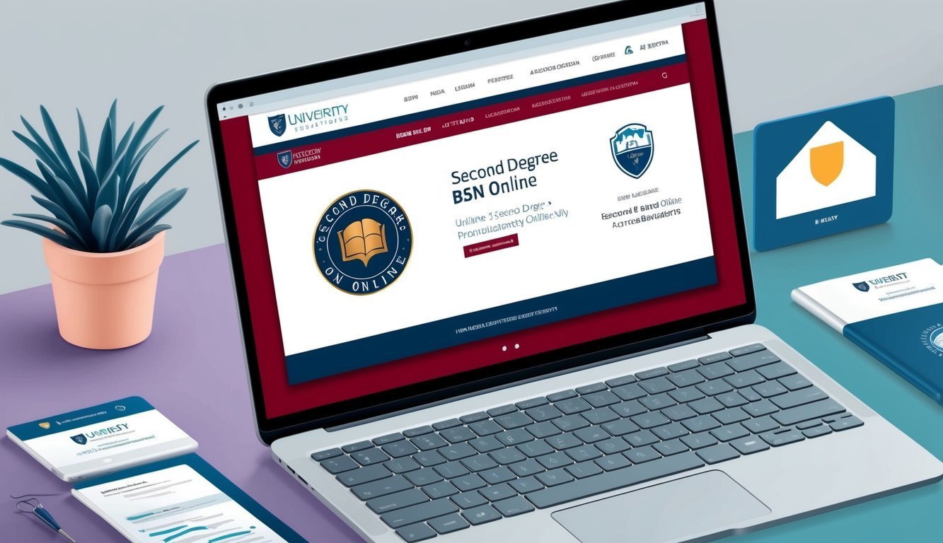 A laptop displaying a university website with a "Second Degree BSN Online" program and accreditation logos