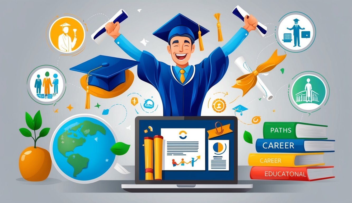 A graduate celebrating with a diploma and a laptop, surrounded by symbols of various career paths and educational opportunities