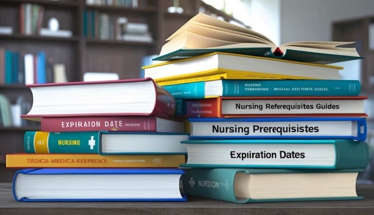 Stack of nursing books with titles like "Expiration Dates" and "Prerequisites"