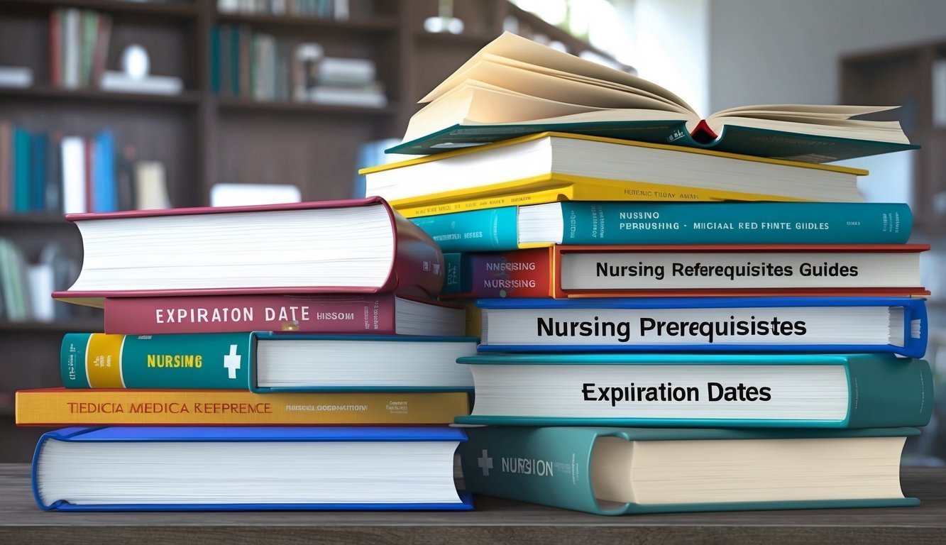 Stack of nursing books with titles like "Expiration Dates" and "Prerequisites"