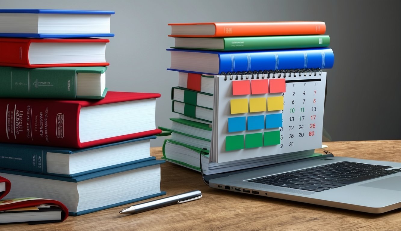A stack of textbooks, a laptop, and a calendar with highlighted dates