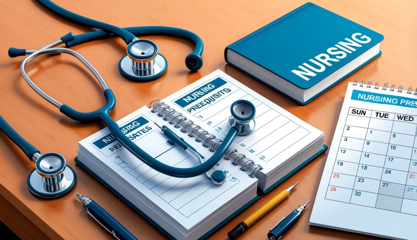A nurse's stethoscope and medical textbooks on a desk, with a calendar showing dates for nursing prerequisites