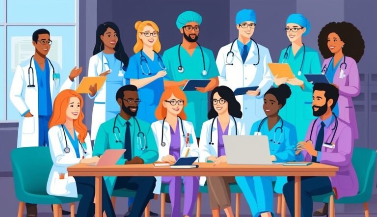 Group of diverse doctors and nurses in scrubs and lab coats