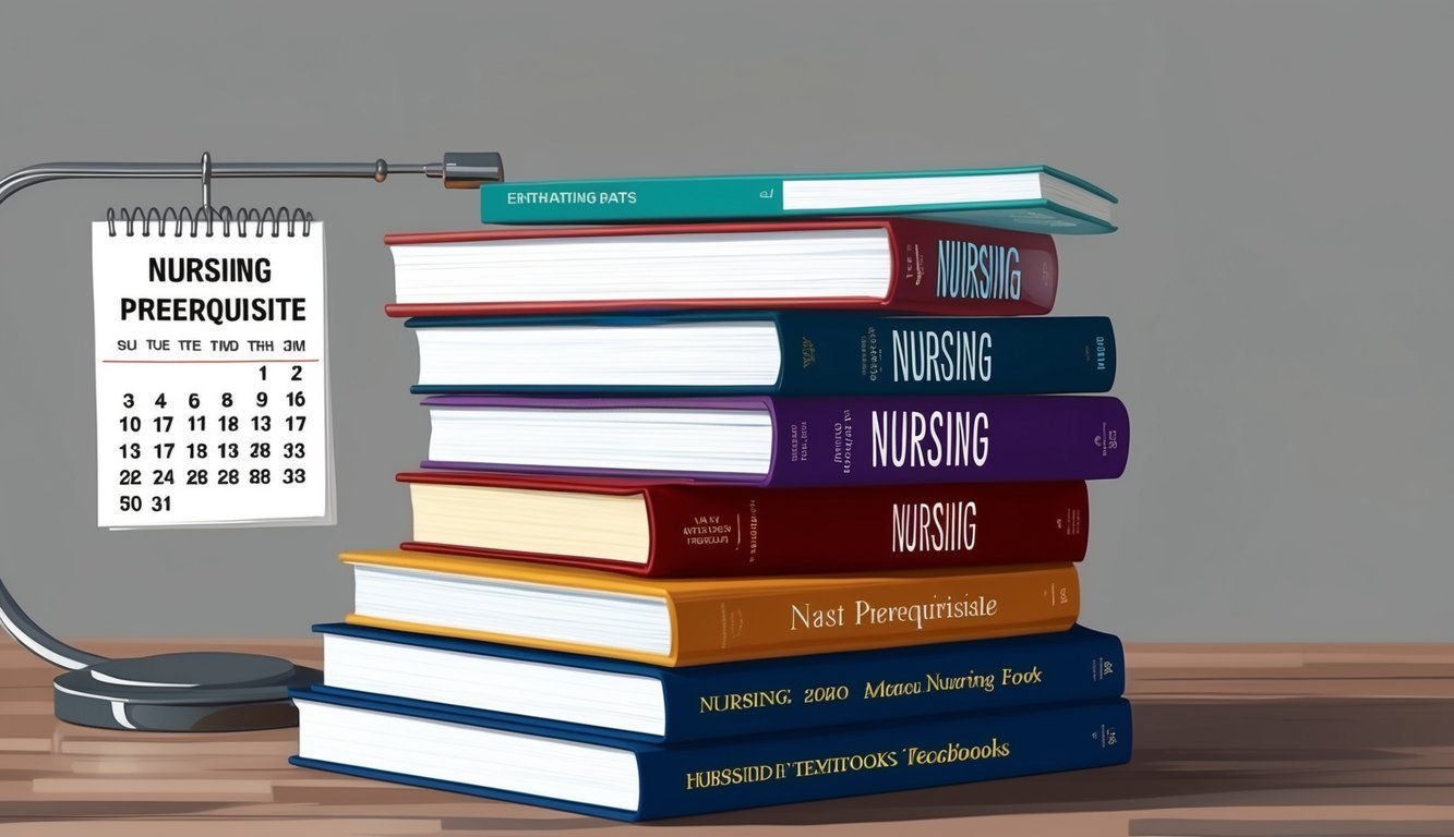 A stack of nursing prerequisite textbooks with a calendar showing expiration dates