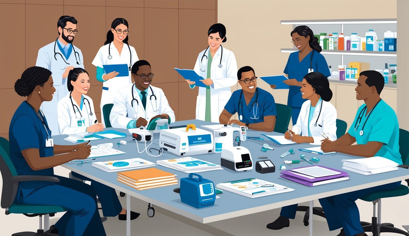 A group of healthcare professionals engaged in a specialized continuing education workshop, with various medical equipment and learning materials spread out on tables