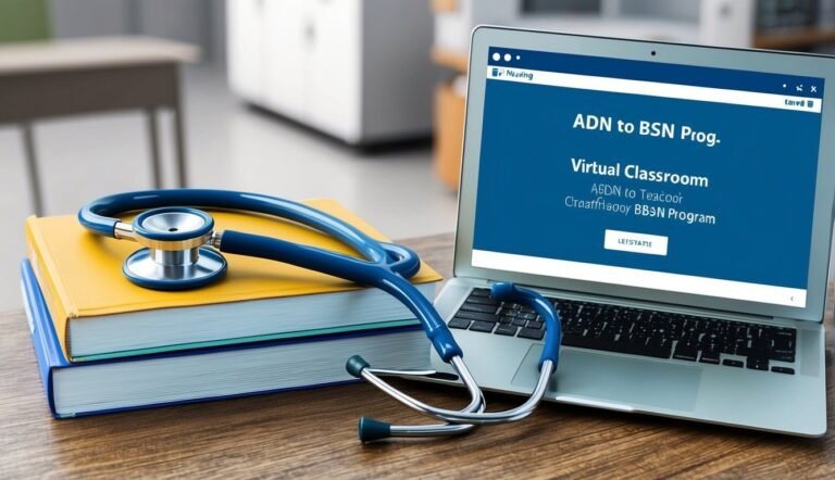 Laptop with nursing program screen, stethoscope, and books on a desk