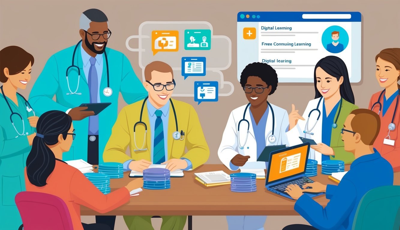 A group of healthcare professionals engaging with digital learning platforms and resources, accessing free continuing education materials