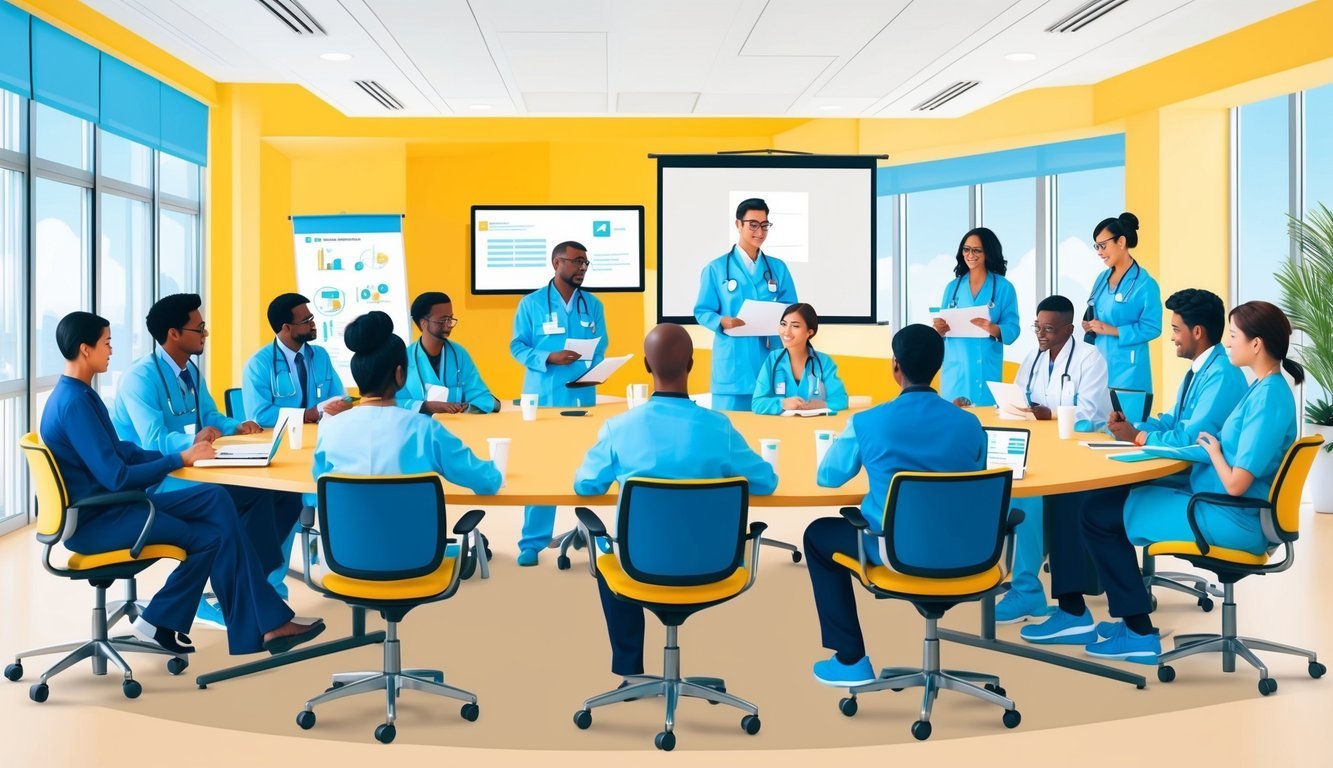 A group of healthcare professionals engaging in a variety of educational activities, such as workshops, lectures, and group discussions, in a bright and modern conference room