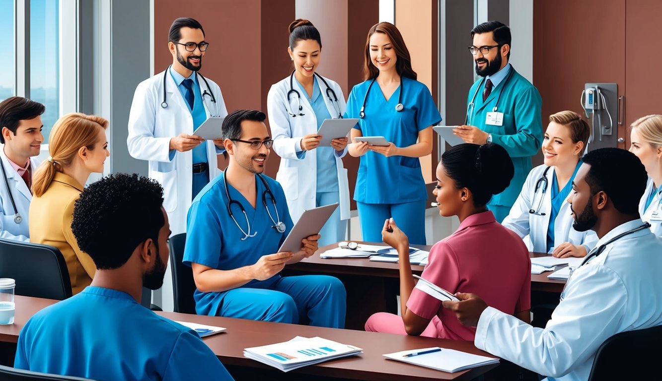 A group of healthcare professionals attending a seminar, engaging in discussions, and receiving educational materials