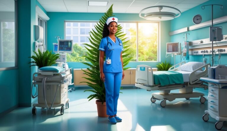 Smiling nurse in blue scrubs stands in a bright, modern hospital room