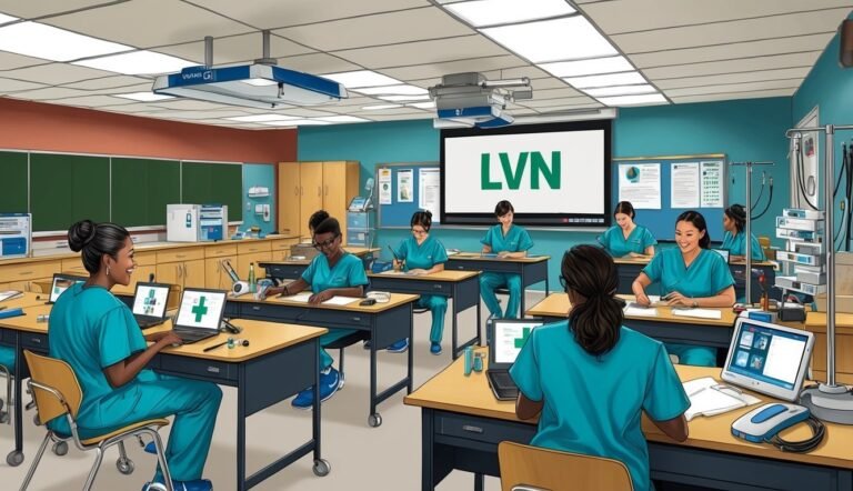 Nursing students in a classroom with laptops and medical equipment
