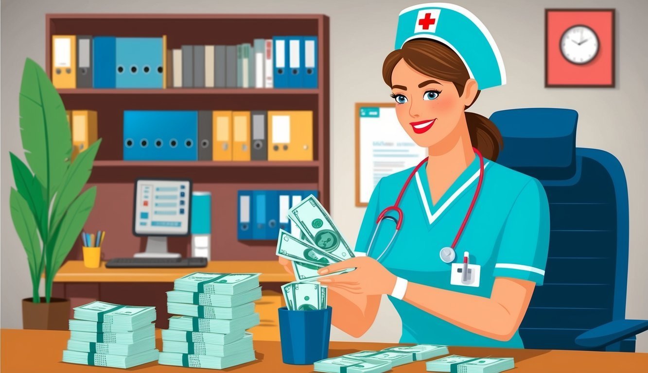 Nurse counting money at her desk, surrounded by stacks of cash