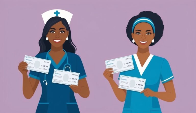 Two smiling nurses holding checks, possibly representing financial compensation