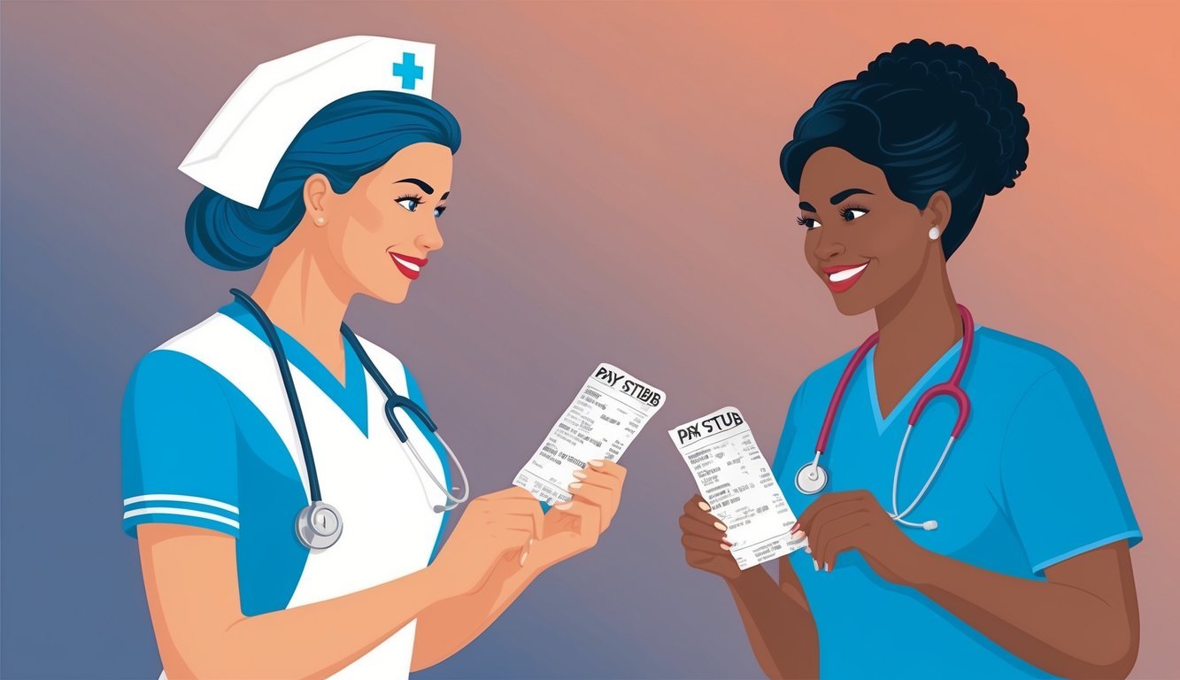 A nurse and a certified nursing assistant comparing pay stubs