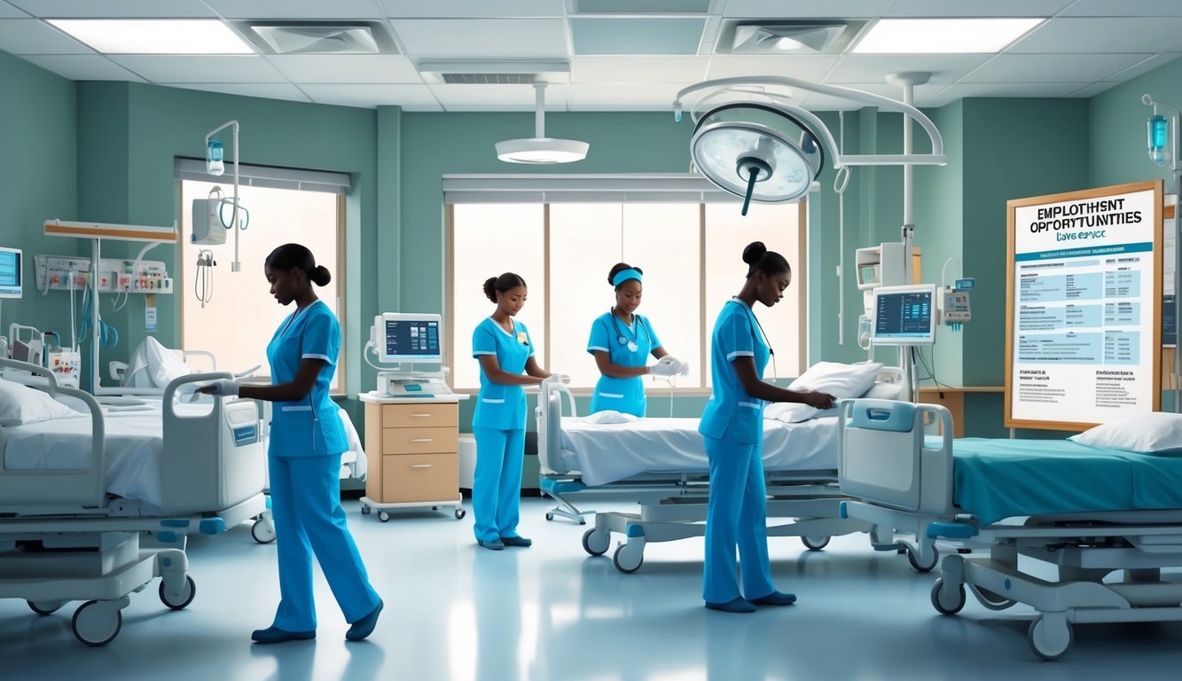 A busy hospital ward with nurse assistants tending to patients, medical equipment, and a bulletin board displaying employment opportunities and nurse assistant salary information