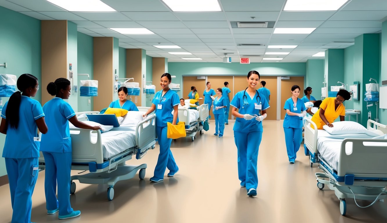 A busy hospital floor with LPNs and CNAs working alongside each other, tending to patients and assisting with daily tasks