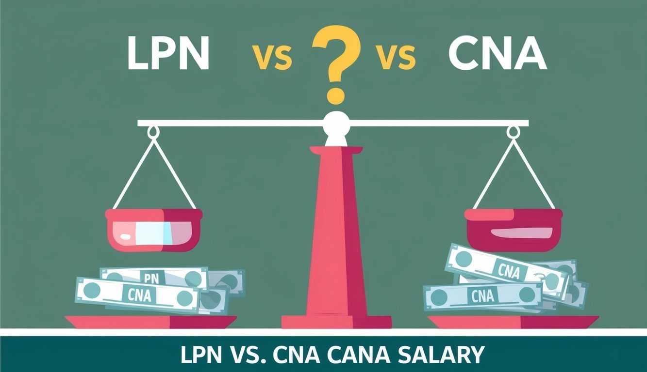 A scale comparing LPN and CNA salary with question marks above