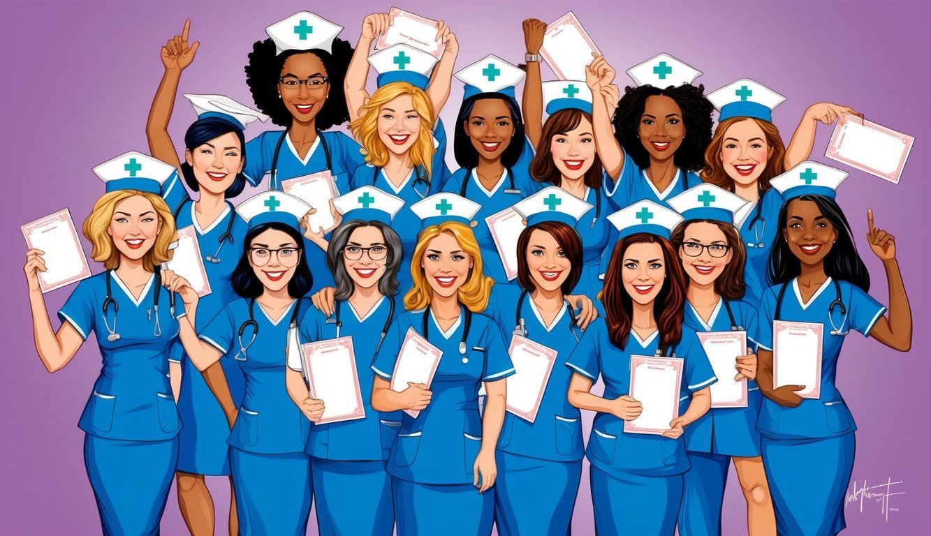 Group of smiling nurses in blue scrubs holding diplomas