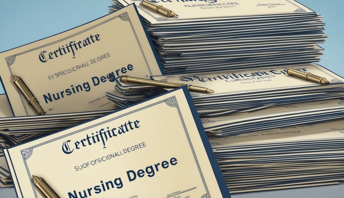 A stack of official-looking nursing degree certificates, some with suspiciously generic or misspelled names