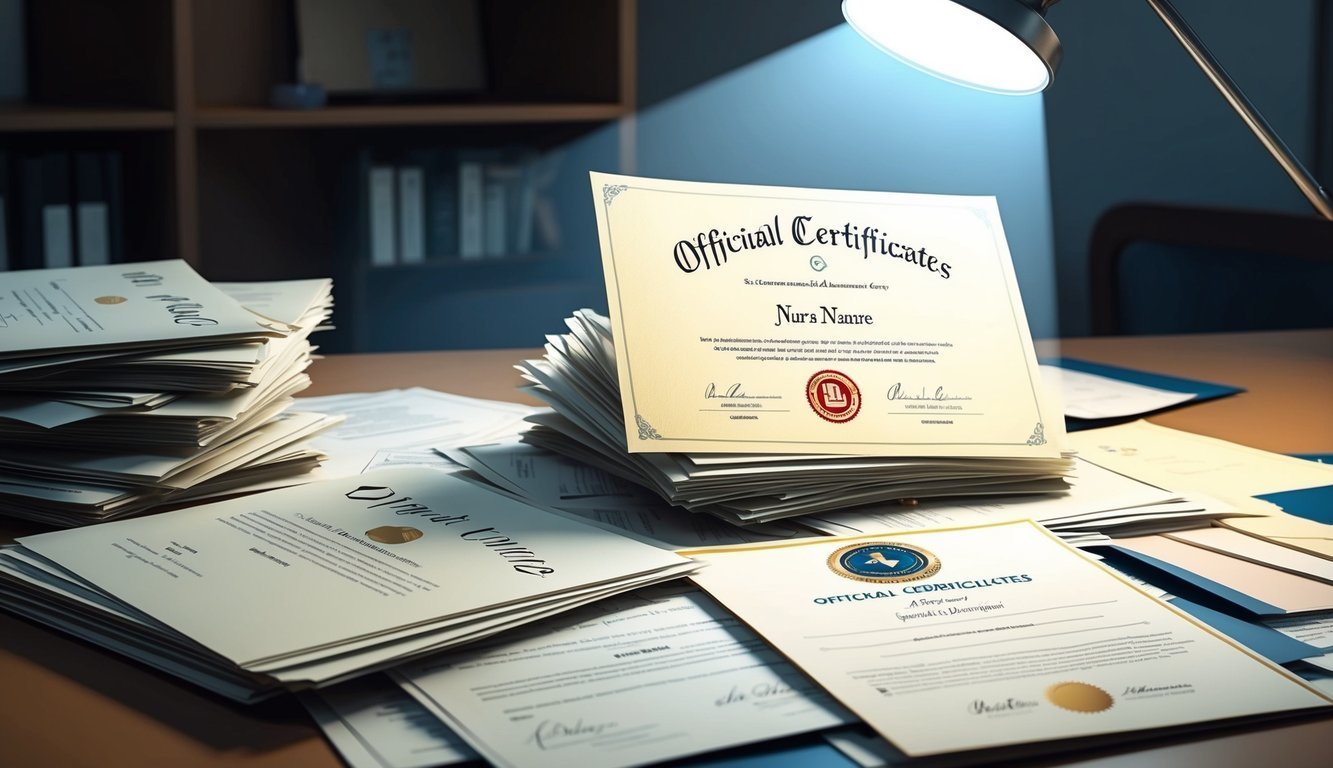 A stack of official documents and certificates scattered on a desk, with a spotlight highlighting a diploma with a nurse's name and a fake degree