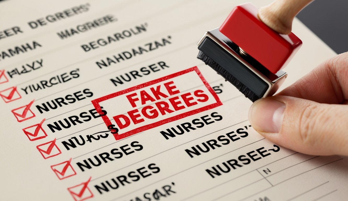 A group of nurses' names being crossed out on a list, with a red stamp labeled "fake degrees" being pressed onto the paper