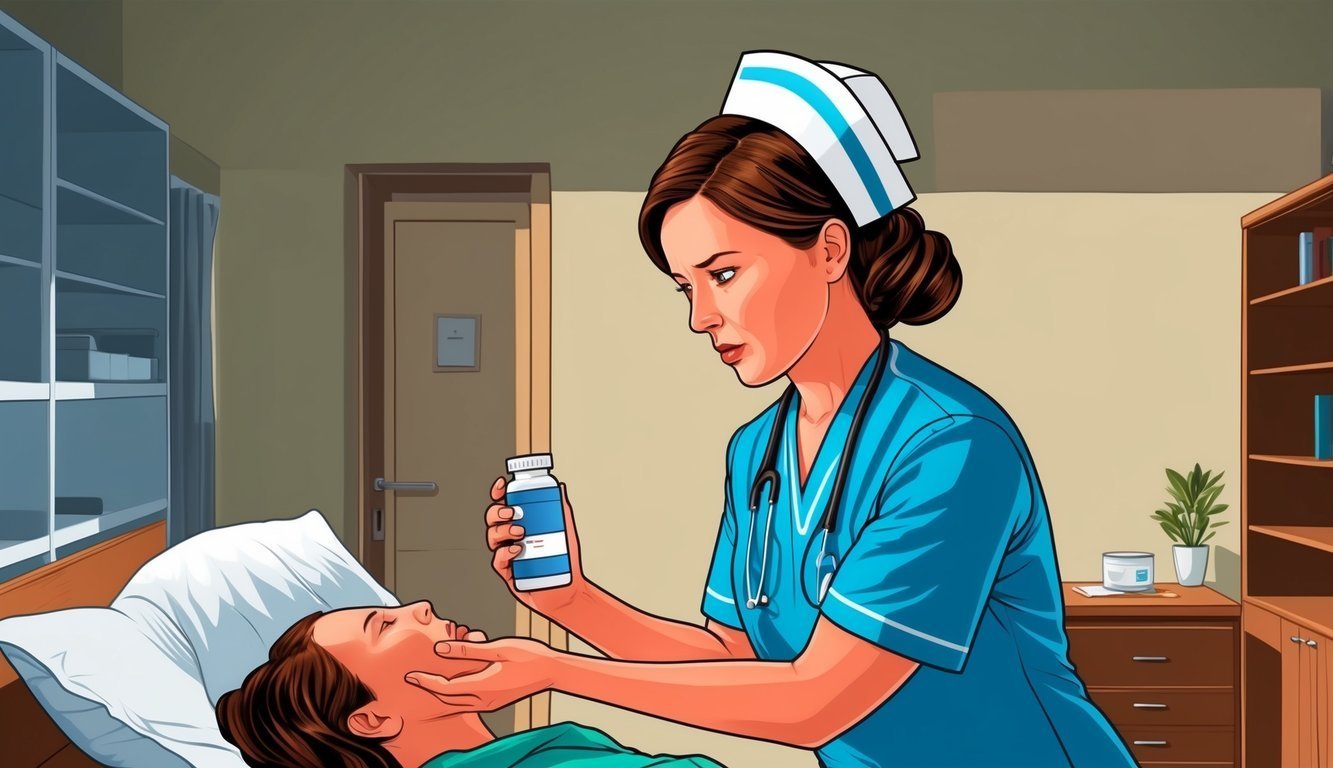 Nurse giving medicine to a patient lying in a hospital bed