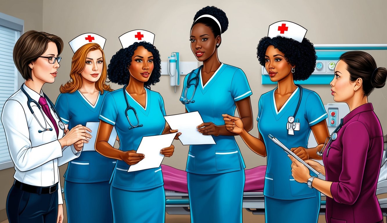 A group of nurses with fake degrees being confronted by hospital administrators
